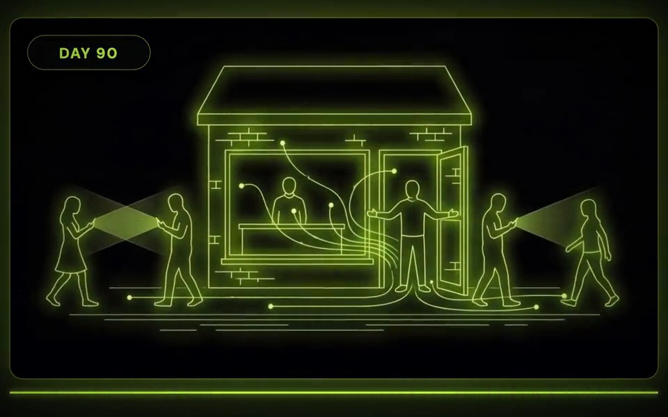 Line-art illustration at day 90: the same storefront, now lit, with people walking in from the street.
