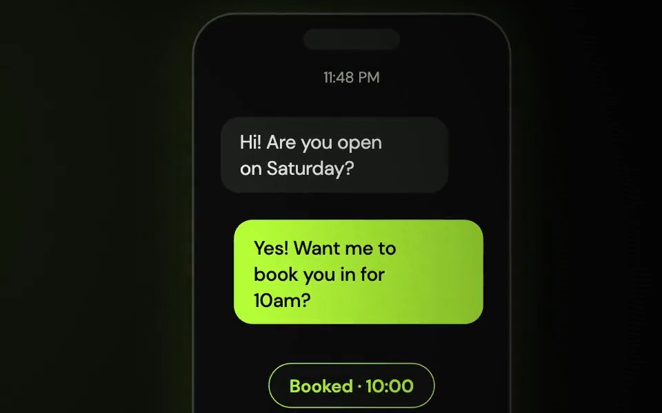 Illustration of a phone: a customer asks “Are you open on Saturday?” late at night and gets an instant reply offering a 10am booking.